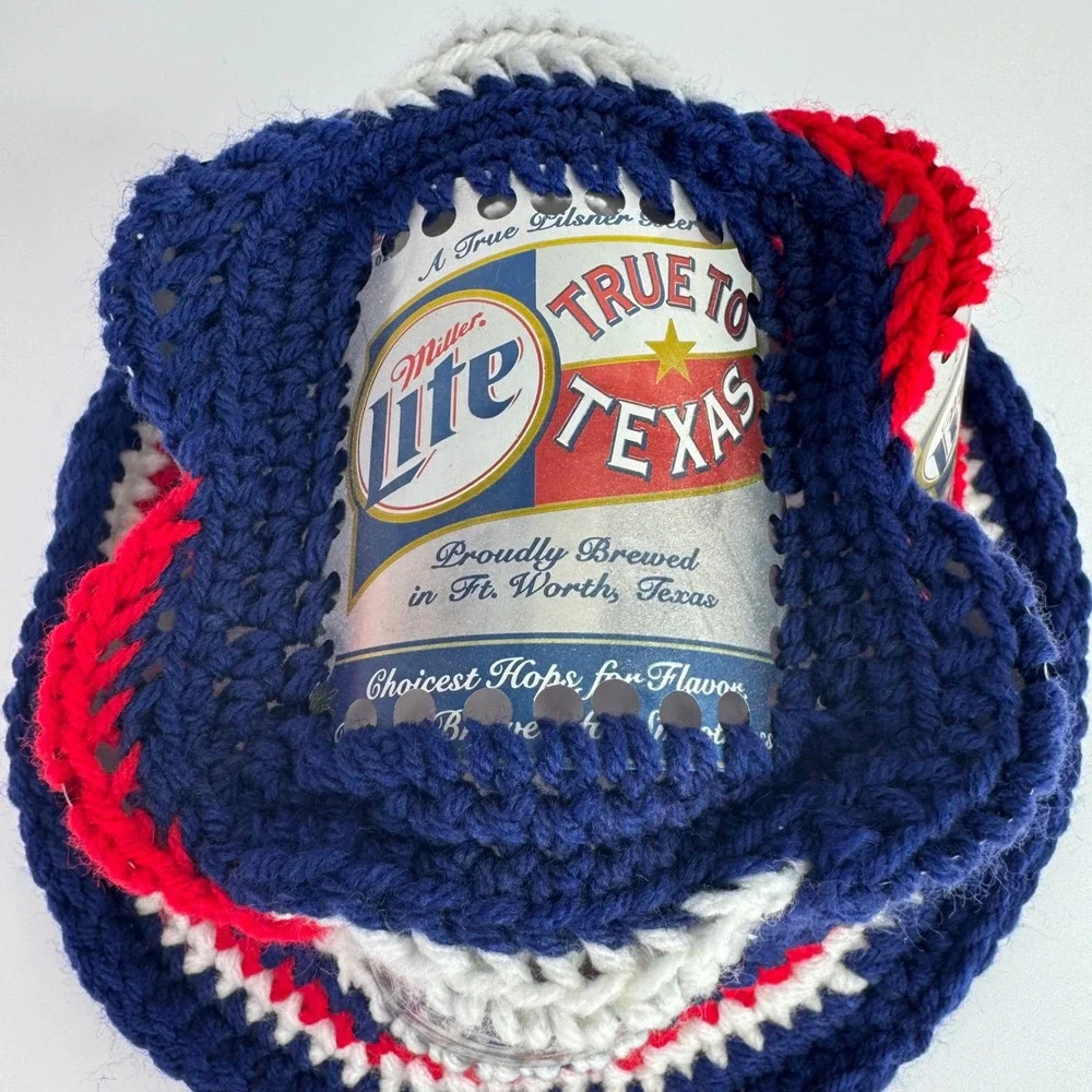 Vtg Handmade Miller Lite Beer Can Hat Adult OS Blue Red White Crochet Bucket Hat